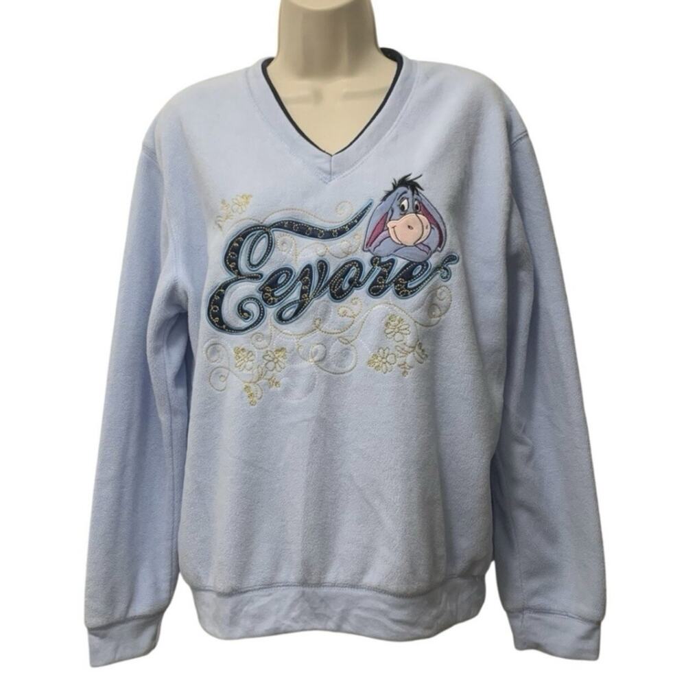 Vintage Disney Eeyore Embroidered Fleece Sweatshirt Blue V-Neck Size L